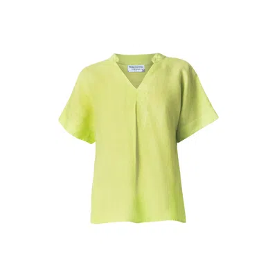 Haris Cotton Women's Green Short Sleeved Linen Shirt With Front Pleat And V Neck Pear