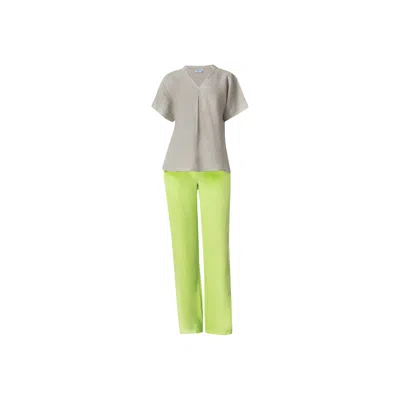 Haris Cotton Women's Green Short Sleeved Linen Shirt With Front Pleat And V Neck Sage