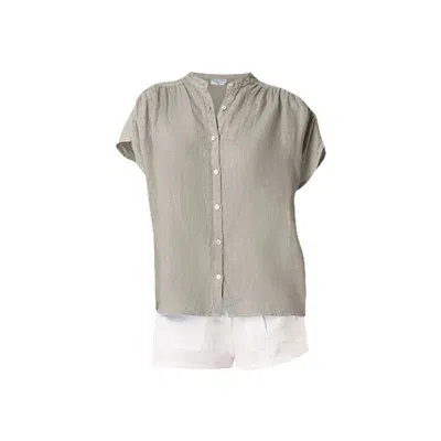 Haris Cotton Women's Green Short Sleeved Linen Shirt With Mandarin Neck Sage