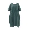 Haris Cotton Women's Green Solid Asymmetrical Hem Linen Ballon Dress With Knot Side - Emerald In Green