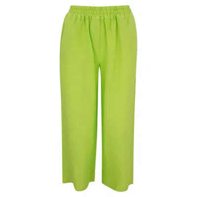 Haris Cotton Women's Green Solid Wide Leg Linen Pants With Slant Pocket Kiwi