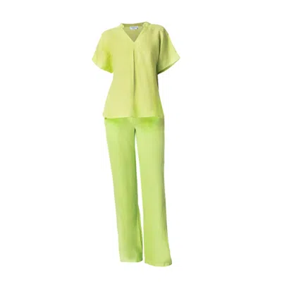 Haris Cotton Women's Green Solid Wide Legged Linen Pants Kiwi