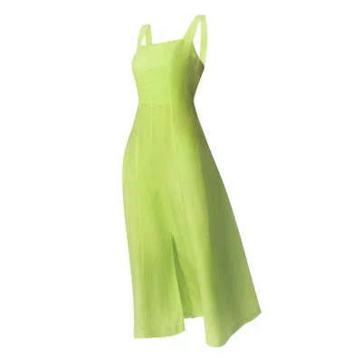 Haris Cotton Women's Green Square Neck Linen Tie Back Dress With Front Slit Kiwi