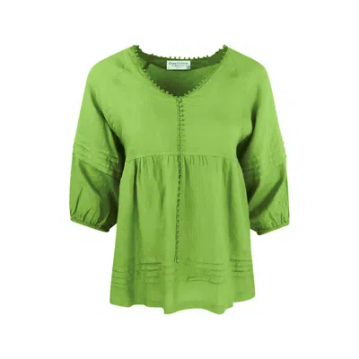 Haris Cotton Women's Green “v” Neck Linen Long Sleeved Blouse - Avocado