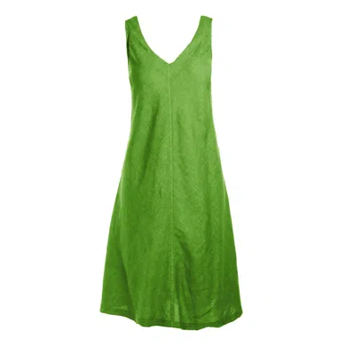Haris Cotton Women's Green “v” Neckline Flared Linen Dress - Avocado