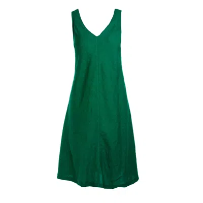 Haris Cotton Women's Green “v” Neckline Flared Linen Dress - Emerald