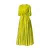 Haris Cotton Women's Green Voile Viscose Maxi Dress With Balloon Sleeves And Drawstring Lime In Green