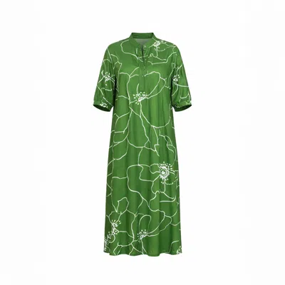 Haris Cotton Women's Green / White Printed Satin Curve Dress With Mandarin Neck Green Peonies
