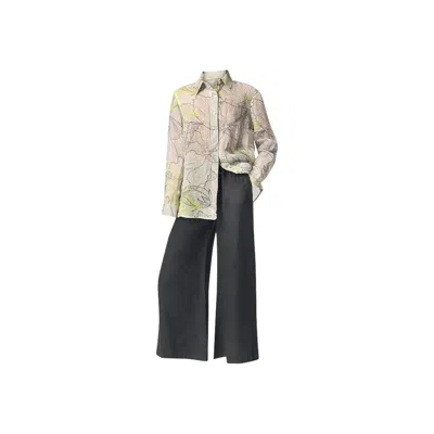 Haris Cotton Women's Grey Drawstring Waist Wide Leg Linen Pants Iron