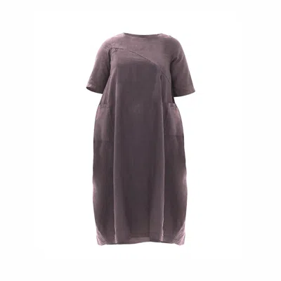 Haris Cotton Women's Grey Midi Curve Linen Dress With Tab Sleeve And Front Pockets Dove In Brown