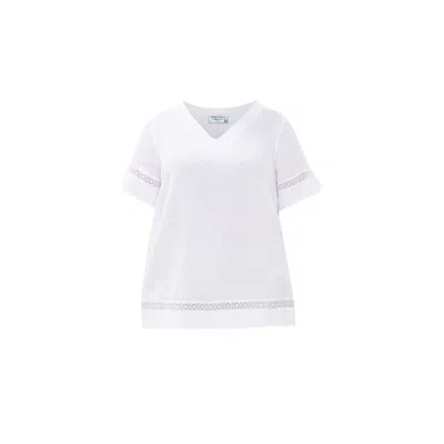 Haris Cotton Women's Guipure Lace Insert Linen Blouse With V Neck And Short Sleeve - White