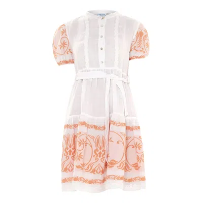 Haris Cotton Women's Half Button Belted  Linen Dress With Embroidered Cotton Panel - White Orange