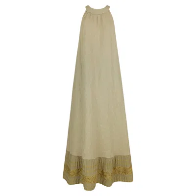 Haris Cotton Women's Halter Neck Maxi Linen Dress With  Embroidered Cotton Panels-beach Sand In Gray