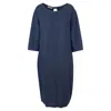 Haris Cotton Women's Keyhole Neckline Midi Linen Dress With Three Quarter Sleeve - Blue Marine In Blue