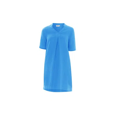Haris Cotton Women's Knee Length Linen Dress With Notched Neckline Santorini Blue