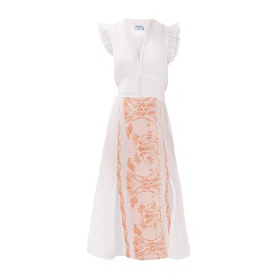 Haris Cotton Women's Lace Insert Linen Dress With Embroidered Cotton Details And Split Hem White Orange