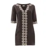 Haris Cotton Women's Lace Insert Mini Linen Dress  With V Neckline -  Grey Iron Silver In Grey
