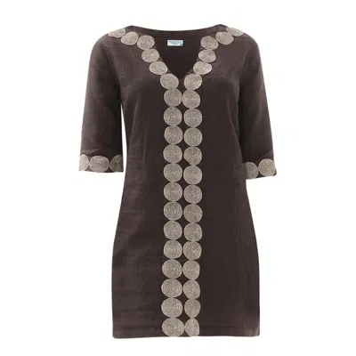 Haris Cotton Women's Lace Insert Mini Linen Dress  With V Neckline -  Grey Iron Silver