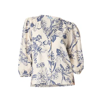 Haris Cotton Women's Linen Blend Balloon Sleeved Shirt With V Neck Blue Spring