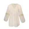 Haris Cotton Women's Linen Blouse With Long Ballon Sleeves And Lace White In White