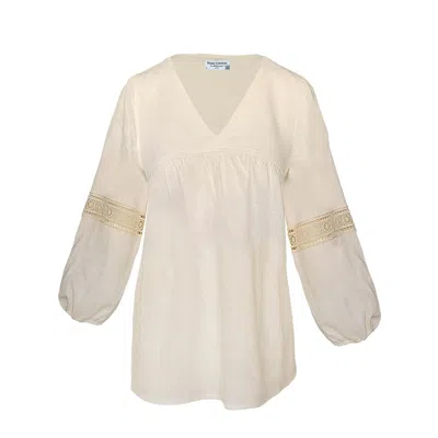 Haris Cotton Women's Linen Blouse With Long Ballon Sleeves And Lace White