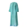 Haris Cotton Women's Linen Gauze Kimono With Waves Embroidery And Belt Crystal Blue In Blue