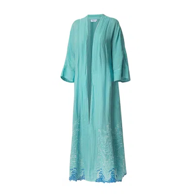 Haris Cotton Women's Linen Gauze Kimono With Waves Embroidery And Belt Crystal Blue