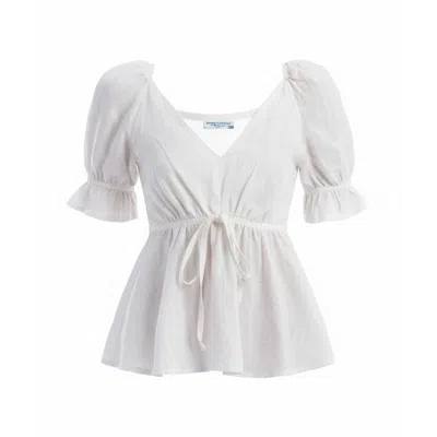Haris Cotton Women's Linen Peplum Top With Puff Sleeves White