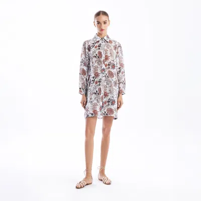 Haris Cotton Women's Longline Printed Linen Blend Shirt With Long Sleeves White Garden