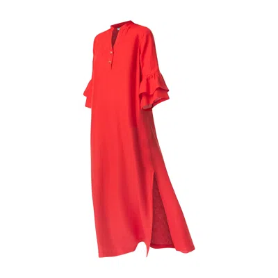 Haris Cotton Women's Mandarin Neck Linen Dress With Bell Sleeves And Side Slits Red