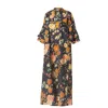 Haris Cotton Women's Mandarin Neck Printed Linen Dress With Bell Sleeves And Side Slits Blue Vintage In Blue/orange