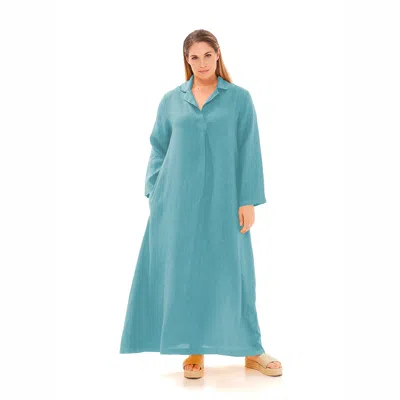 Haris Cotton Women's Maxi Curve Linen Dress With Front Pleat And Lapels Crystal Blue