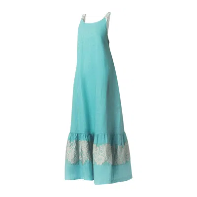 Haris Cotton Women's Maxi Linen Dress With Cotton Embroidered Straps And Hem Crystal Blue-silver