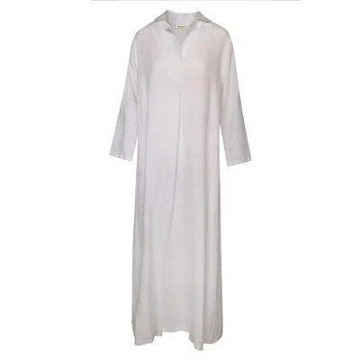 Haris Cotton Women's Maxi Linen Dress With Front Pleat And Lapels - White