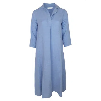 Haris Cotton Women's Maxi Linen Dress With Front Pleat And Lapels Sky Blue