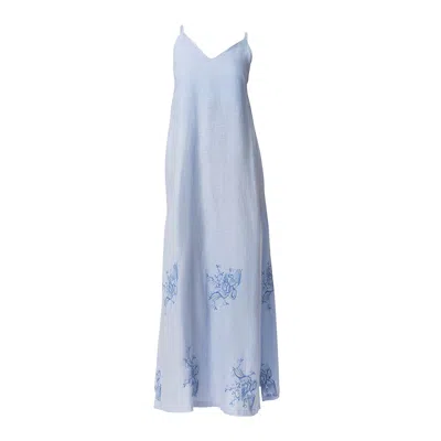 Haris Cotton Women's Maxi Linen Embroidered Dress With Straps Sky Blue-lapis