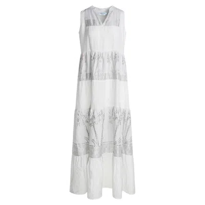 Haris Cotton Women's Maxi Linen Sleeveless Dress With Embroidered Details White Silver