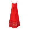 Haris Cotton Women's Maxi Linen Strap Dress With Embroidered Panels On The Hem-strawberry In Red