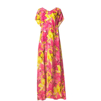 Haris Cotton Women's Maxi Loose Printed Satin Dress Fuchsia Forest In Pink