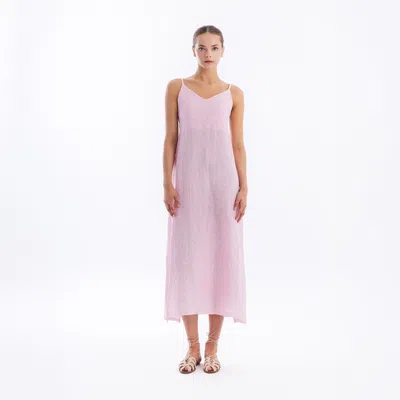 Haris Cotton Women's Maxi Striped Linen Dress With Straps And Slits Pink Silver
