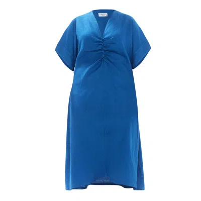 Haris Cotton Women's Midi Cami Linen Dress With Butterfly Sleeve And Front Frill -  Aegean Blue