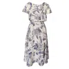 Haris Cotton Women's Midi Linen Blend Print Dress With Elastic Waist And Boat Neck - Blue Spring