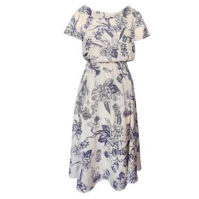 Haris Cotton Women's Midi Linen Blend Print Dress With Elastic Waist And Boat Neck - Blue Spring In Neutral