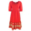 Haris Cotton Women's Midi Linen Dress With Embroidered Panels And Puff Sleeves-strawberry In Red