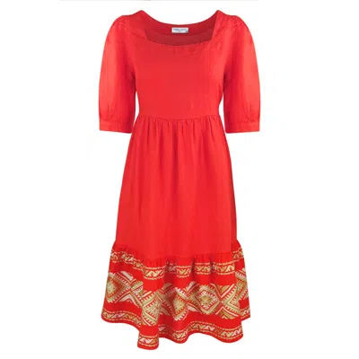 Haris Cotton Women's Midi Linen Dress With Embroidered Panels And Puff Sleeves-strawberry In Red