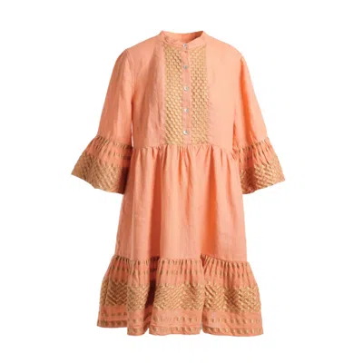 Haris Cotton Women's Midi Linen Dress With Emdroidered Panels-rose Petal In Orange