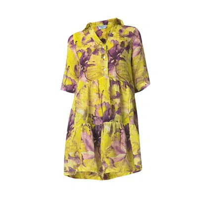 Haris Cotton Women's Mini Printed Gauze Long Sleeved Dress With Front Buttons Purple Forest