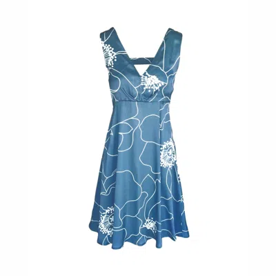 Haris Cotton Women's Neck Satin Sleeveless Dress With Back Horizontal Straps Blue Peonies