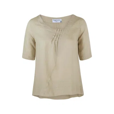 Haris Cotton Women's Neutrals Asymmetric Neck Linen Blouse With Pleates - Beach Sand In Green