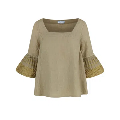 Haris Cotton Women's Neutrals Linen Blouse With Embroidered Panels - Beach Sand Gold In Yellow
